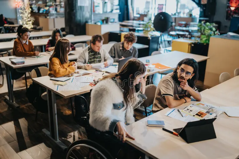 group diverse college students study together large tables modern classroom including student wheelchair studying 450173656